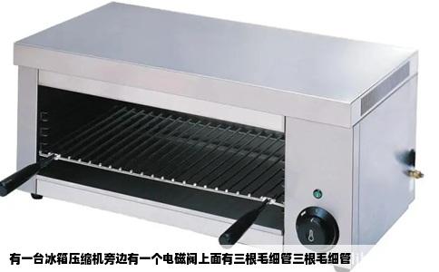 有一台冰箱压缩机旁边有一个电磁阀上面有三根毛细管三根毛细管